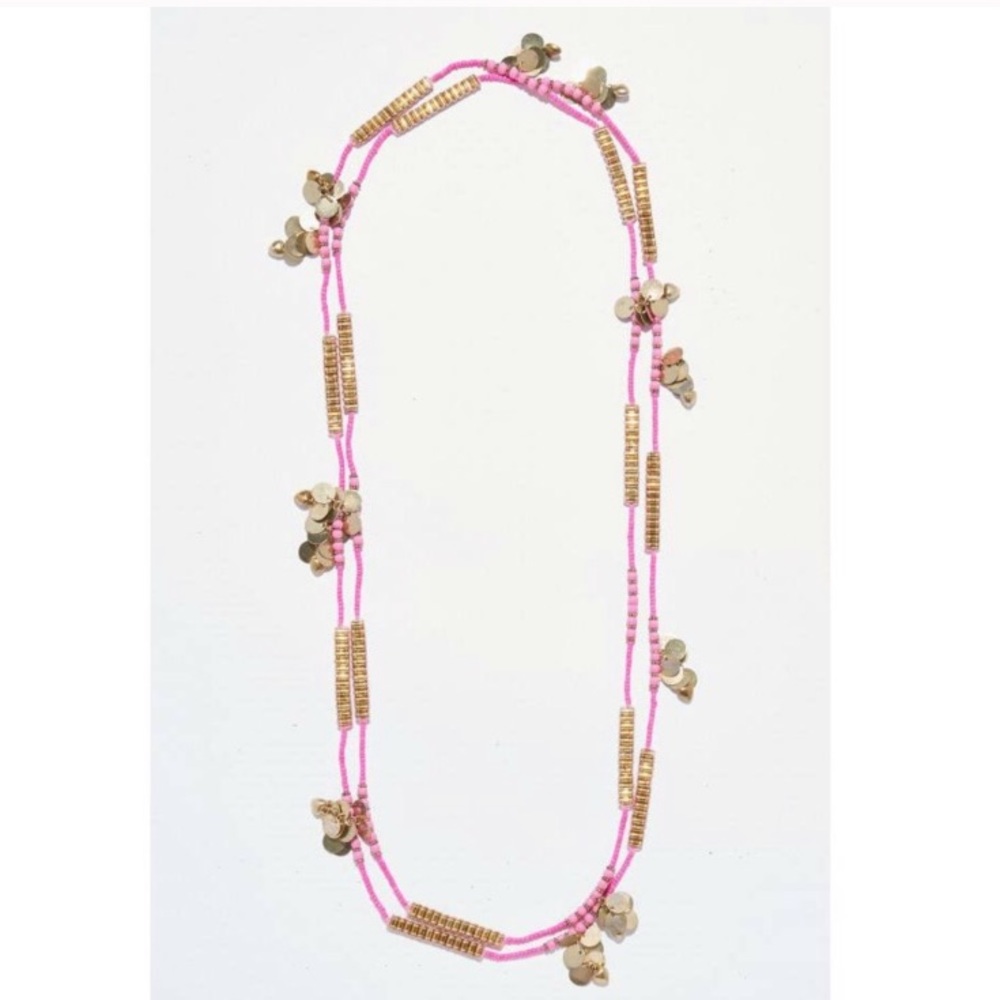 Anthropologie Pink and Gold Beaded Charm Necklace